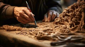 avvicinamento falegname Lavorando intaglio legno.ai generativo. foto