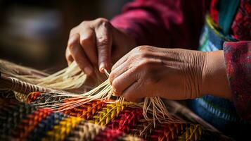 anziano persone mani siamo tessitura vario colorato seta panni. su il eredità mestiere telaio. ai generativo. foto