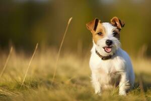 contento Jack russell terrier animale domestico cane in attesa, ascoltando nel il erba. ai generato foto