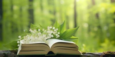 giglio di il valle fiori e vecchio libri nel il foresta, verde naturale sfondo. ai generato foto