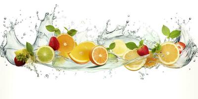 turbine acqua spruzzo con frutta. liquido flusso con ghiaccio cubi e un' mescolare di fresco frutta. generativo ai foto