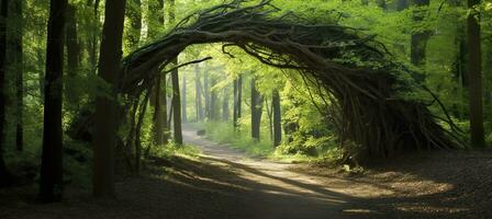 naturale arcata sagomato di rami nel il foresta. ai generato foto