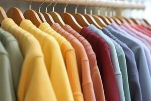 colorato Abiti su un' capi di abbigliamento cremagliera, pastello colorato guardaroba nel un' shopping memorizzare o Camera da letto, arcobaleno colore Abiti scelta su grucce, casa armadio concetto Immagine. ai generativo foto