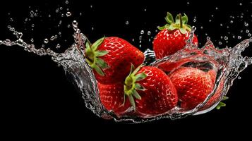 appena schizzato fragola su nero sfondo con acqua droplets.ai generativo foto