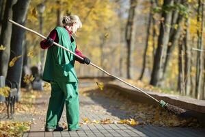 un' lavoratore pulisce il strada con un' scopa. un' bidello pulisce il strada di caduto le foglie nel il autunno. utilità lavoratore con scopa pulizia foto