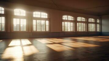 vuoto classico danza sala con specchio, luce del sole a partire dal finestre. balletto classe ai generativo foto