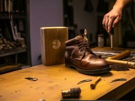 scarpa riparazione, un' pelle stivale e utensili su un' banco di lavoro foto