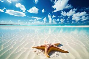 stella marina e sabbia su tropicale spiaggia e oceano, generativo ai foto