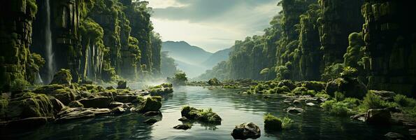 generativo ai, bellissimo verde amazon foresta paesaggio, foresta pluviale giungla con cascate foto