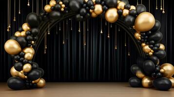 generativo ai, arco di nero e d'oro palloncini. finto su per nero Venerdì o altro vacanza 3d sfondo foto