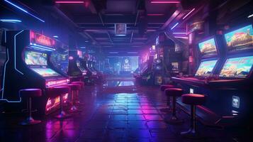 generativo ai, cyberpunk stile gioco bar o bar. notte scena di grande città, futuristico nostalgico anni 80, anni 90. neon luci vivace colori, fotorealistico orizzontale foto
