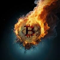 bitcoin moneta ardente nel fiamme su fuoco. generativo ai foto