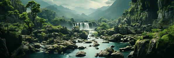 generativo ai, bellissimo verde amazon foresta paesaggio, foresta pluviale giungla con cascate foto