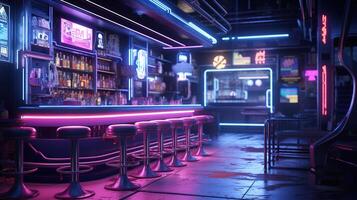 generativo ai, cyberpunk stile bar o bar. notte scena di grande città, futuristico nostalgico anni 80, anni 90. neon luci vivace colori, fotorealistico orizzontale illustrazione. foto