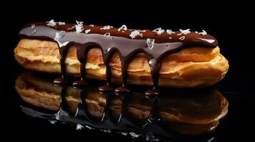 generativo ai, cioccolato eclairs lato Visualizza, dolce cibo. tradizionale francese dolce foto