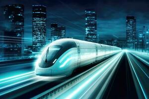 veloce moderno treno in movimento attraverso il città il notte. generativo ai foto