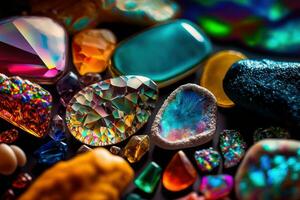 gioielli, minerale gemme e cristalli avvicinamento sfondo. generativo ai foto