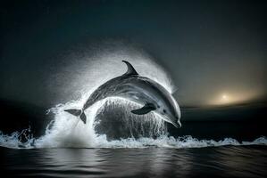 delfino salto nel oceano a notte. generativo ai foto