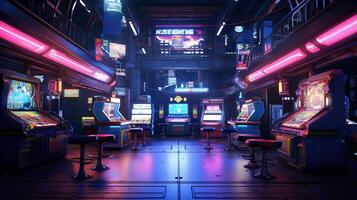 generativo ai, cyberpunk stile gioco bar o bar. notte scena di grande città, futuristico nostalgico anni 80, anni 90. neon luci vivace colori, fotorealistico orizzontale foto