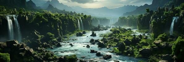 generativo ai, bellissimo verde amazon foresta paesaggio, foresta pluviale giungla con cascate foto