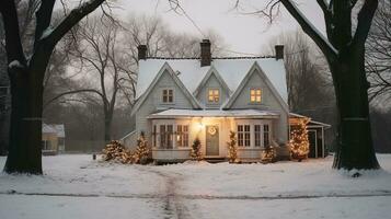 generativo ai, Casa davanti nel il inverno con Natale decorazione, ghirlanda e ghirlanda. neve accogliente stagione foto