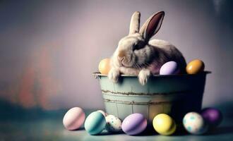 Pasqua coniglietto con dipinto uova nel metallo benna. generativo ai foto