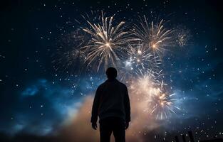 giovane uomo in piedi nel il parco e Guardando il fuochi d'artificio, celebrazione evento, ai generato foto