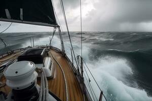 andare in barca un' barca a vela o yacht su oceano durante estremo tempesta con grande onde, pov. generativo ai foto