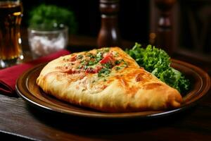 Pizza Calzone prosciutto cibo su piatto su di legno tavolo. creare ai foto