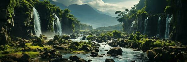 generativo ai, bellissimo verde amazon foresta paesaggio, foresta pluviale giungla con cascate foto