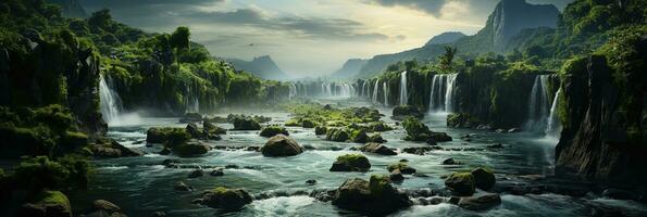 generativo ai, bellissimo verde amazon foresta paesaggio, foresta pluviale giungla con cascate foto