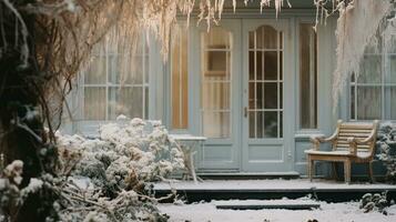 generativo ai, Casa davanti nel il inverno con Natale decorazione, ghirlanda e ghirlanda. neve accogliente stagione foto