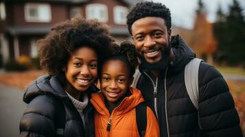 mosso per un' nuovo Residenziale la zona. ritratto di contento africano americano famiglia in piedi all'aperto nel autunno. foto