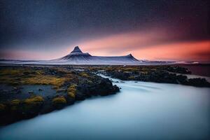 mistico tramonto ai generato islandese ispirato paesaggio foto