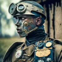 retrofuturistico cyborg prima guerra mondiale soldato su il campo di battaglia generativo ai foto