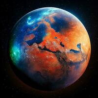 ai generato globale vista dello spazio blu e arancia pianeta foto