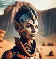 extraterrestre eleganza ritratto di un' sbalorditivo femmina alieno. generativo ai. foto