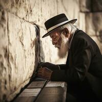 un' ebraico uomo preghiere su il occidentale parete nel Gerusalemme generativo ai foto