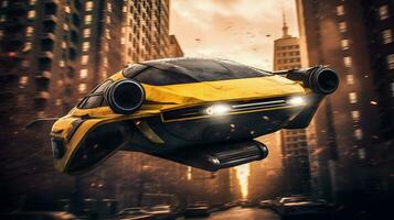 futuristico giallo volante taxi Soaring al di sopra di Manhattan generativo ai foto