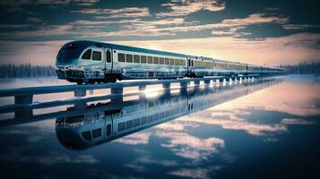 futuristico treno attraversamento congelato lago generativo ai foto