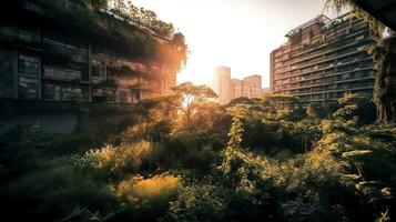 grattacieli e lussureggiante vegetazione un' armonioso miscela di natura e urbano architettura generativo ai foto