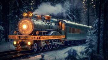 retrofuturistico steampunk treno in mezzo siberiano congelato foresta generativo ai foto