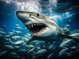 dinamico incontrare squalo attaccare un' scuola di pesce generativo ai foto