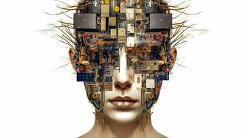 cibernetico bellezza futuristico donna viso composto di circuiti e elettronico componenti, creato di ai foto