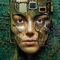 futuristico cyberspazio donna di viso su circuito tavola generativo ai foto