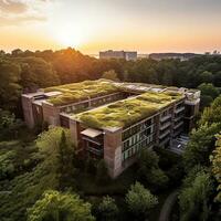 sostenibile edificio con verde tetto crogiolarsi nel Alba leggero generativo ai foto