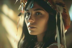 squisito ritratto di un' giovane indiano americano donna generativo ai foto