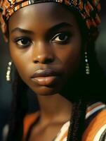 africano bellezza grazioso ritratto di un' giovane nero donna con colorato foulard generativo ai foto