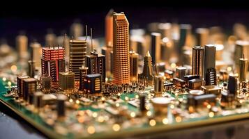 paesaggio urbano su circuito ai generato miniatura metropoli foto