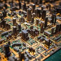 paesaggio urbano su circuito ai generato miniatura metropoli foto